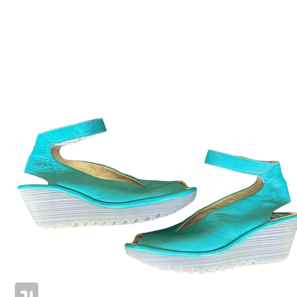 Fly London Yala Turquoise Leather Wedge w/Ankle Strap